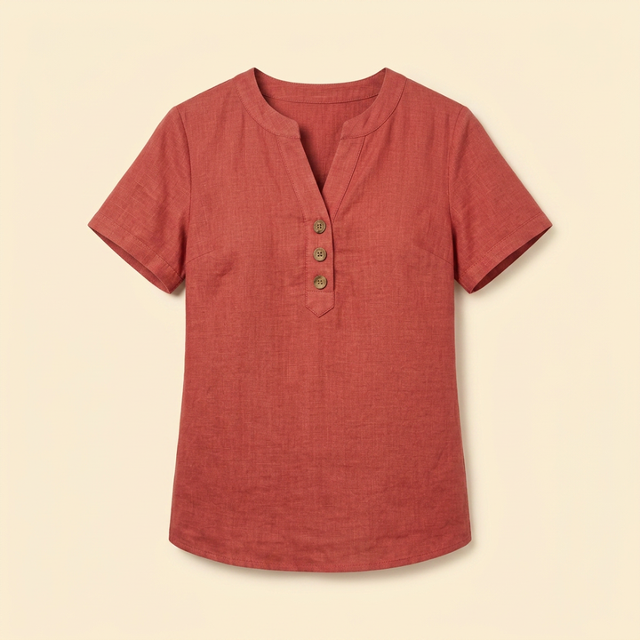 Women's Short Sleeve Buttoned Henley Blouse
