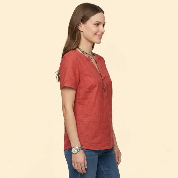Women's Short Sleeve Buttoned Henley Blouse