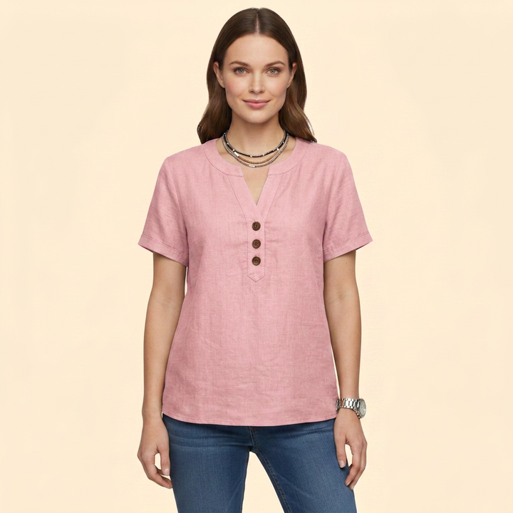 Women's Short Sleeve Buttoned Henley Blouse