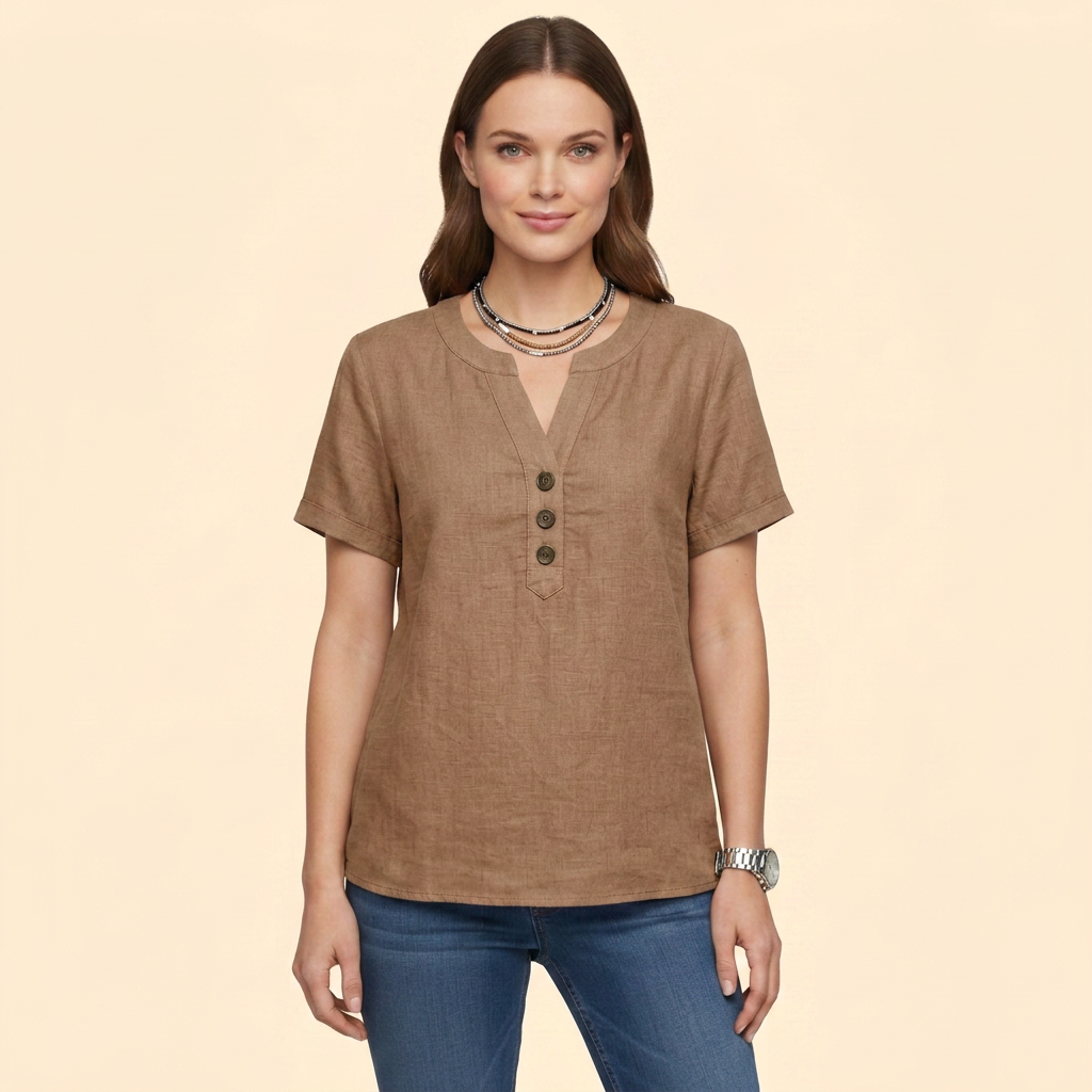 Women's Short Sleeve Buttoned Henley Blouse