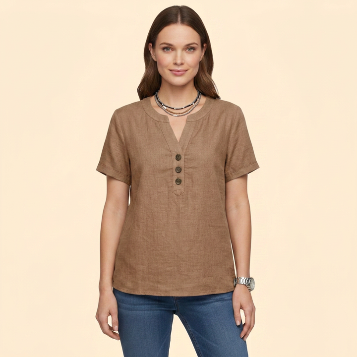 Women's Short Sleeve Buttoned Henley Blouse