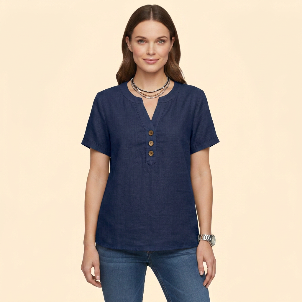 Women's Short Sleeve Buttoned Henley Blouse