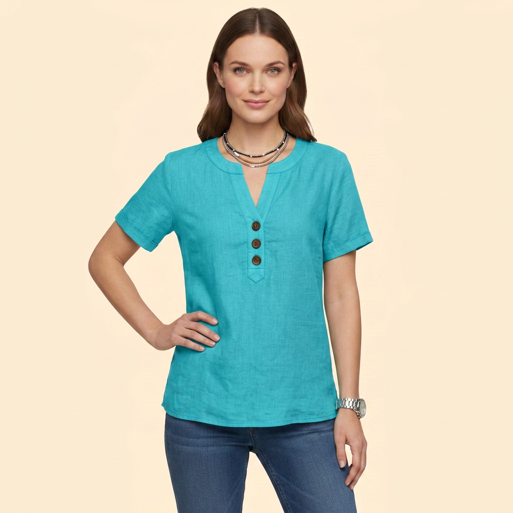 Women's Short Sleeve Buttoned Henley Blouse