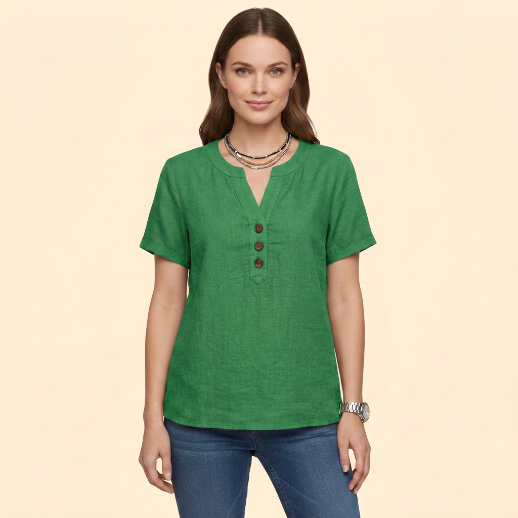 Women's Short Sleeve Buttoned Henley Blouse