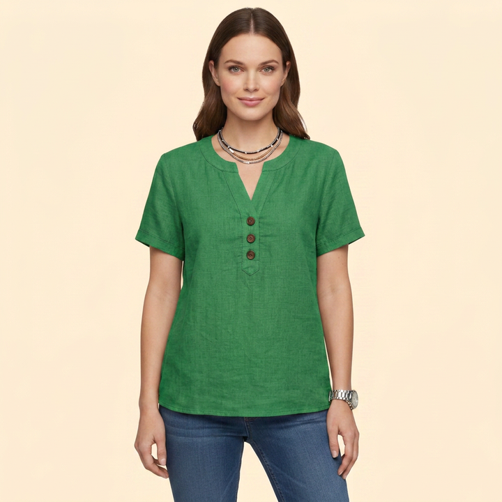 Women's Short Sleeve Buttoned Henley Blouse