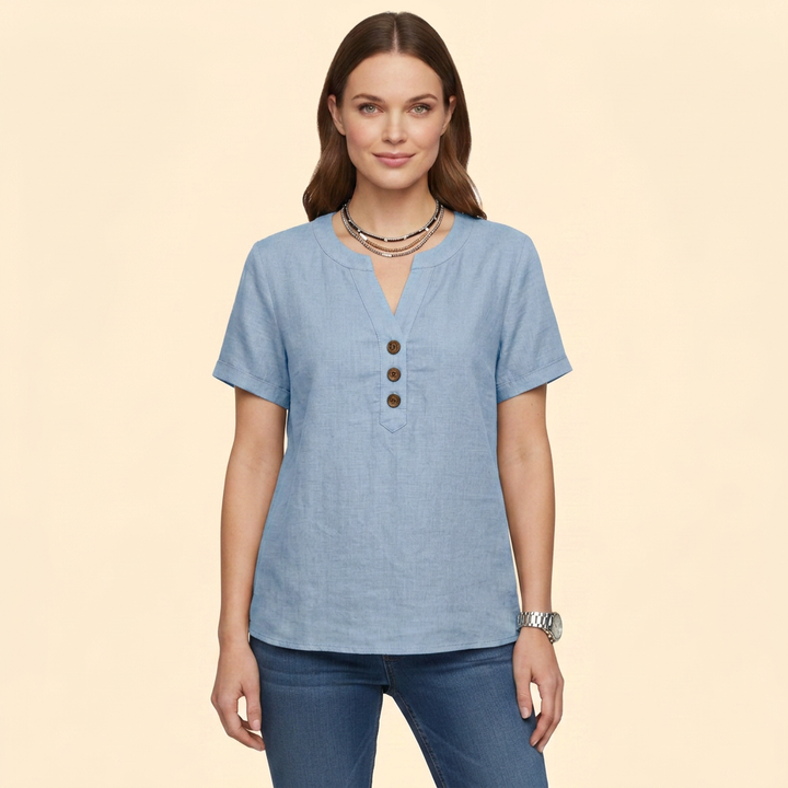 Women's Short Sleeve Buttoned Henley Blouse