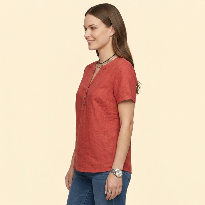 Women's Short Sleeve Buttoned Henley Blouse