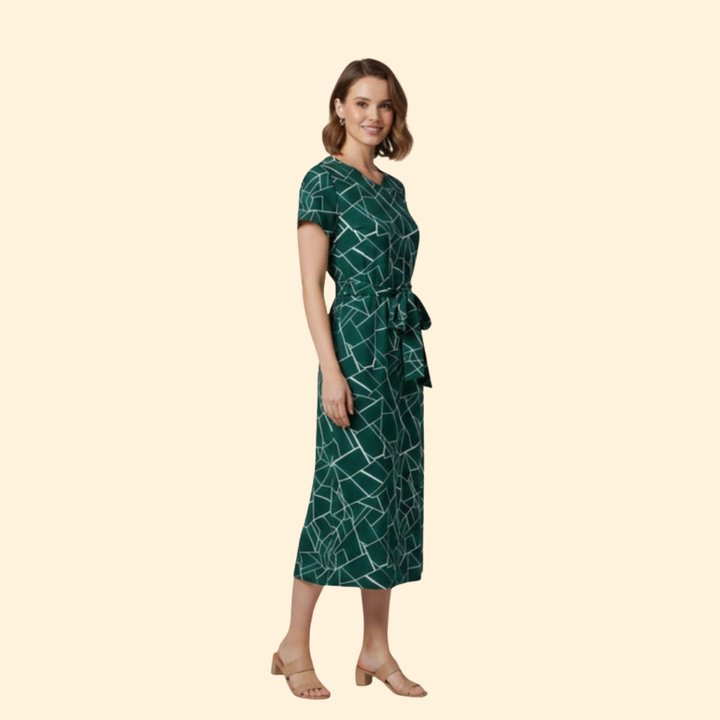 Women's Geometric Print Belted Midi Dress