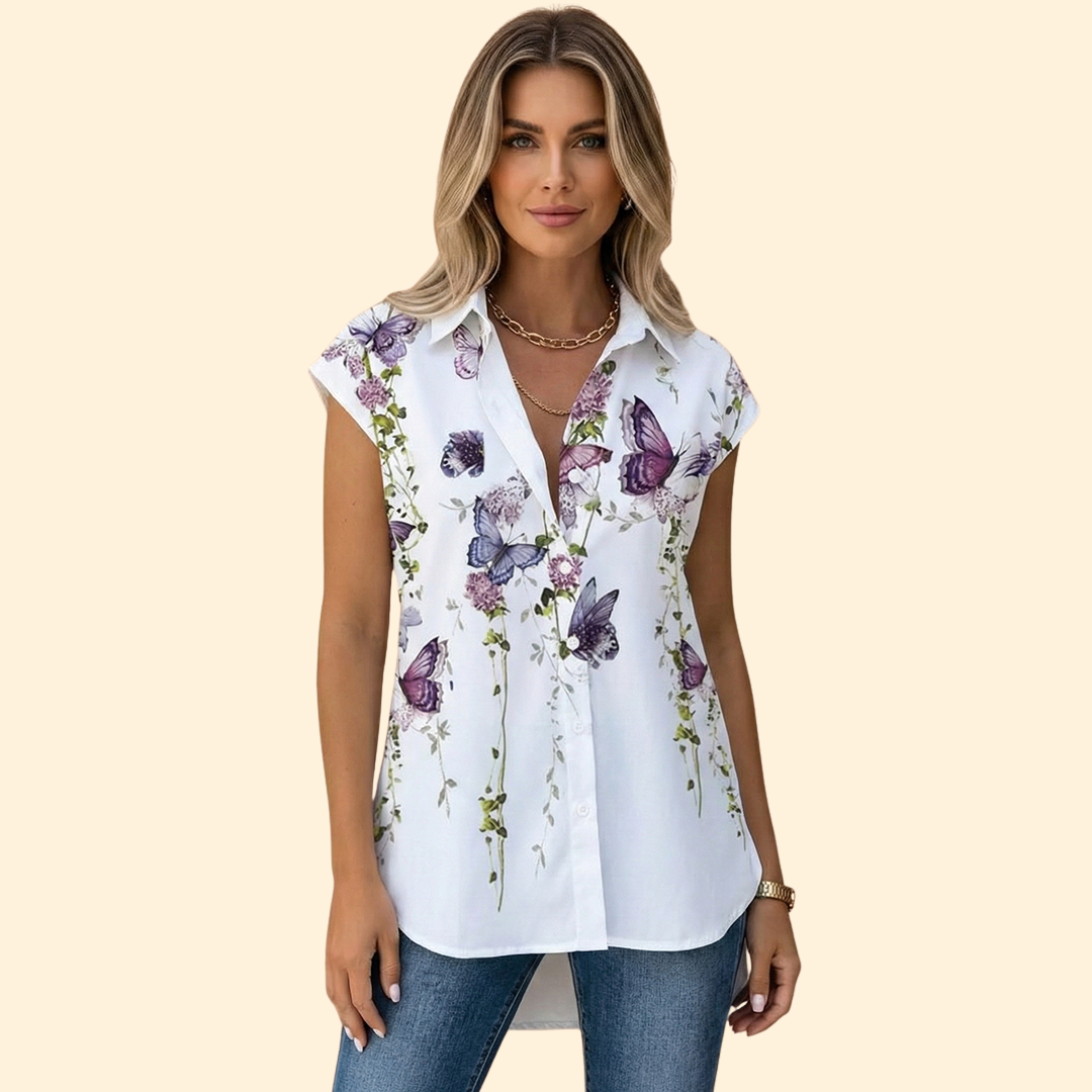 Women's Floral Butterfly Print Button-Down Shirt