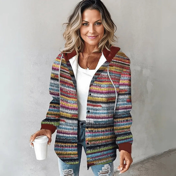 Women's Striped Hooded Cardigan Button-Front Layering