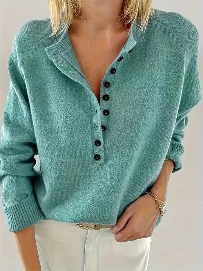 Women's V-Neck Jumper with Button Placket Relaxed Fit