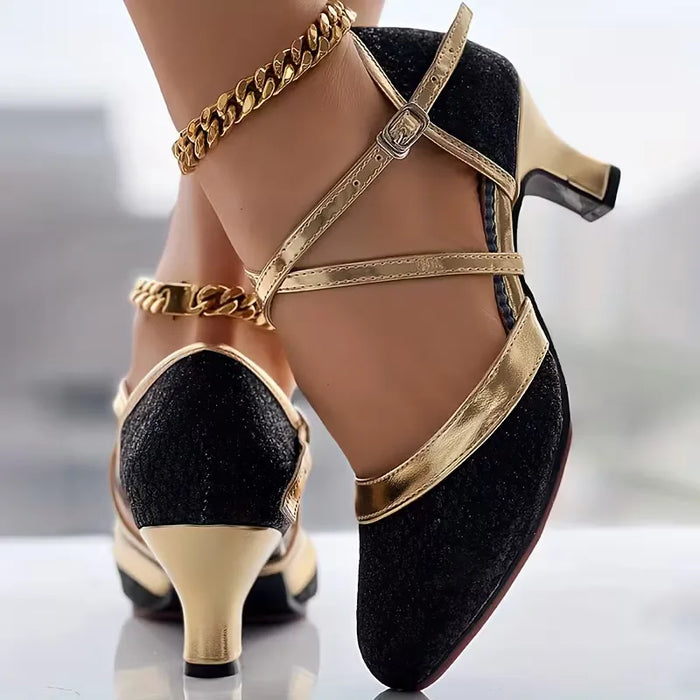 Women's Gold Strappy Block Heel Sandals with Buckle