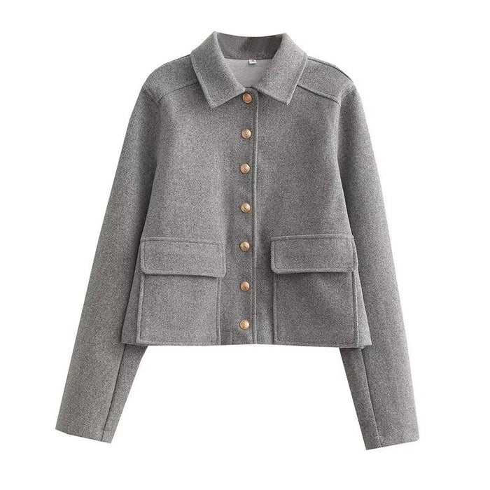 Women's Button-Front Jacket with Collar and Flap Pockets